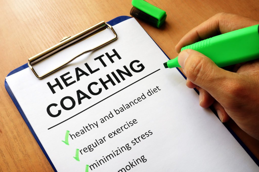 Health coaching checklist with items like healthy diet, regular exercise, and minimizing stress