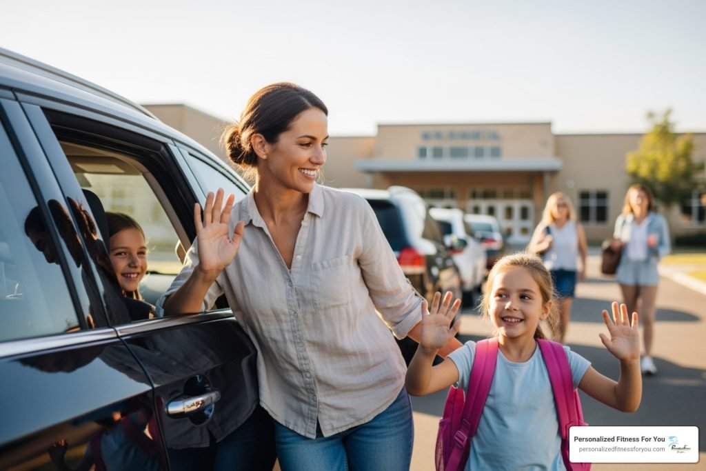 Parent and children waving beside a car outside a school