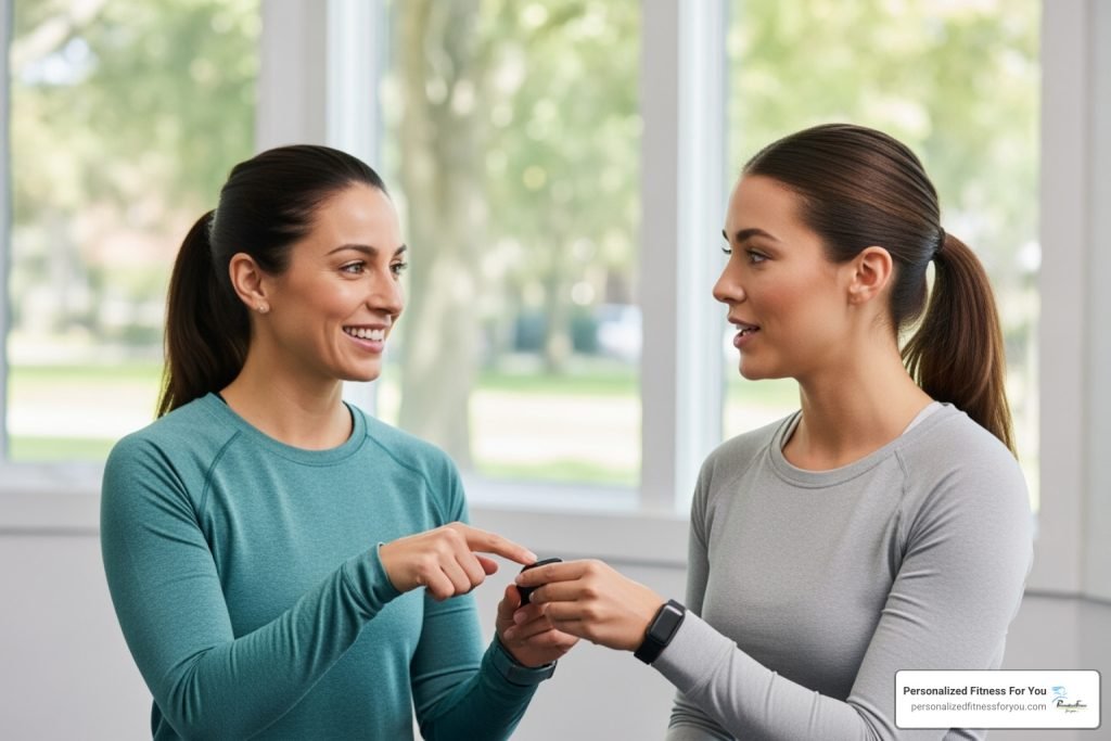 Two women in workout clothes discussing a fitness tracker in a bright room