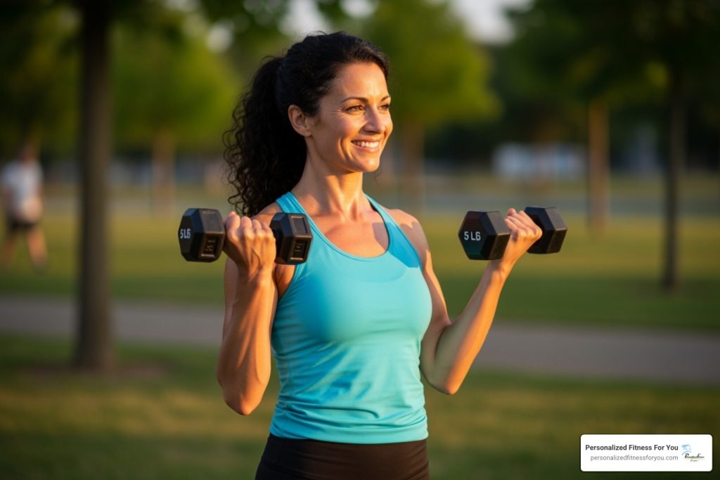 Woman doing bicep curls with dumbbells in a park