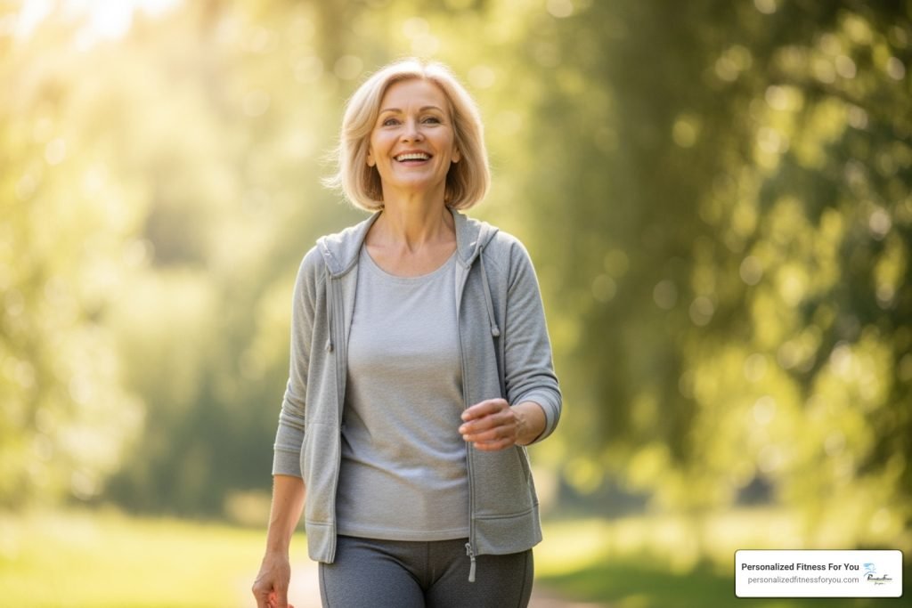 Smiling woman walking outdoors in a park