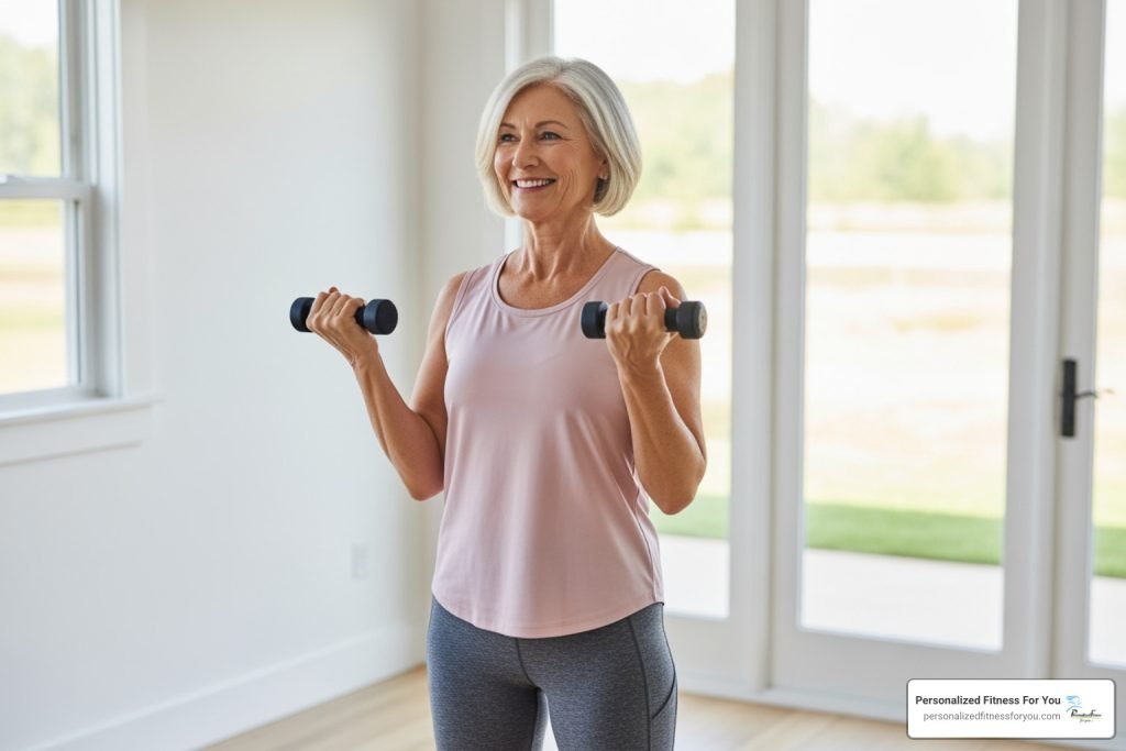 Older woman lifting dumbbells in a bright room