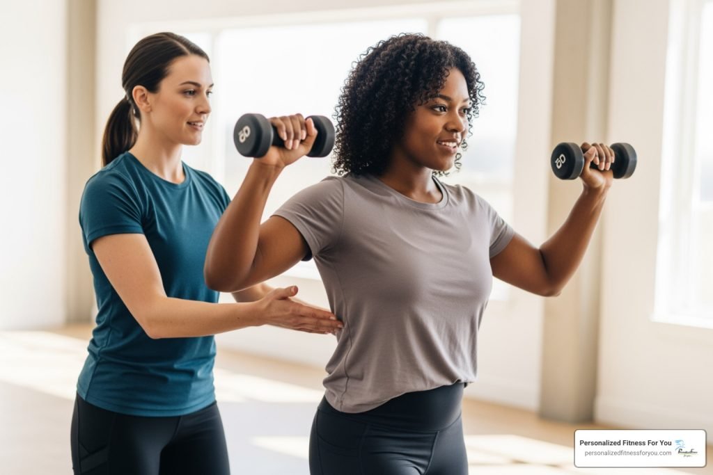 Personal trainer helping a woman do dumbbell shoulder presses