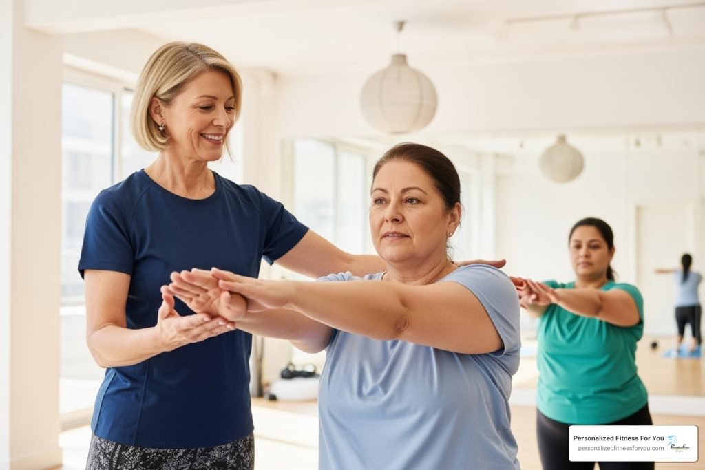 Fitness instructor helping a woman stretch in a class