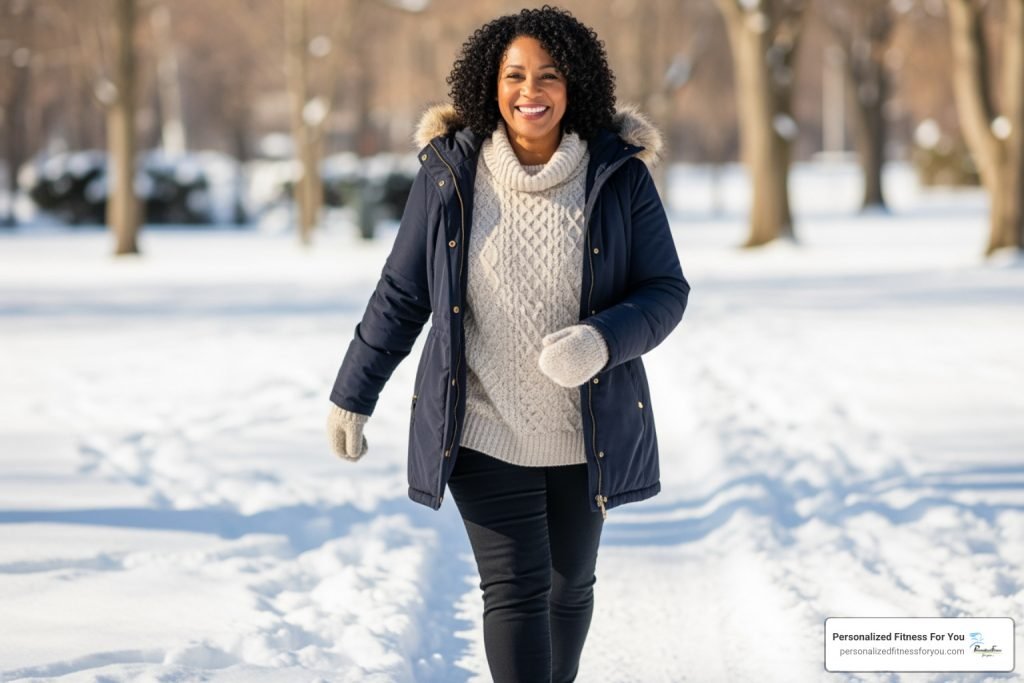 Woman walking outdoors in the snow, smiling and wearing winter clothes
