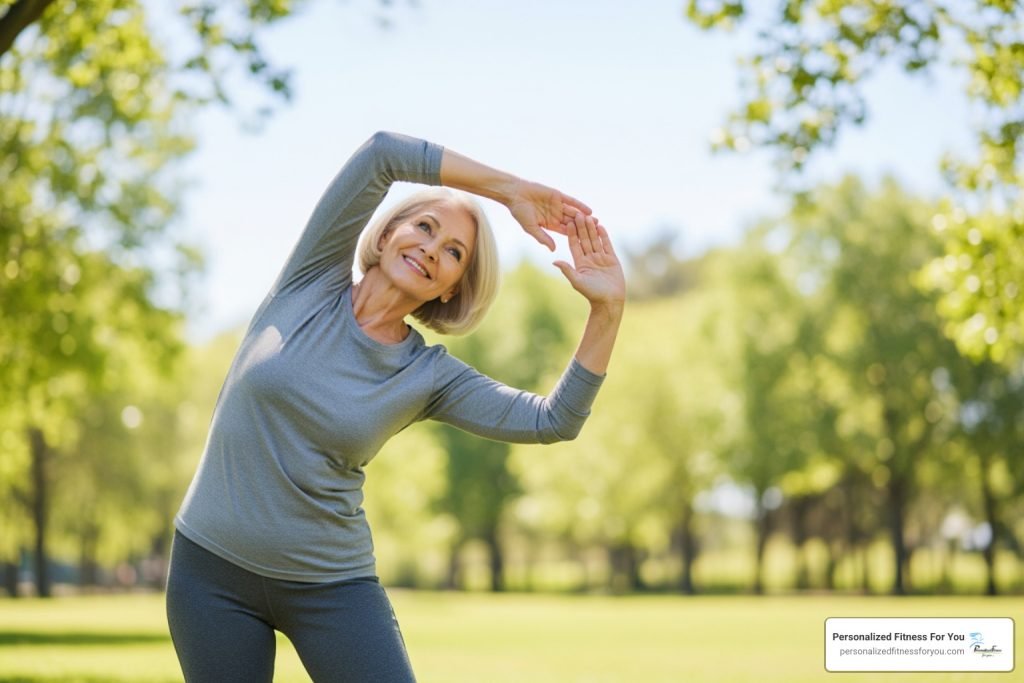 Older woman stretching outdoors in a park