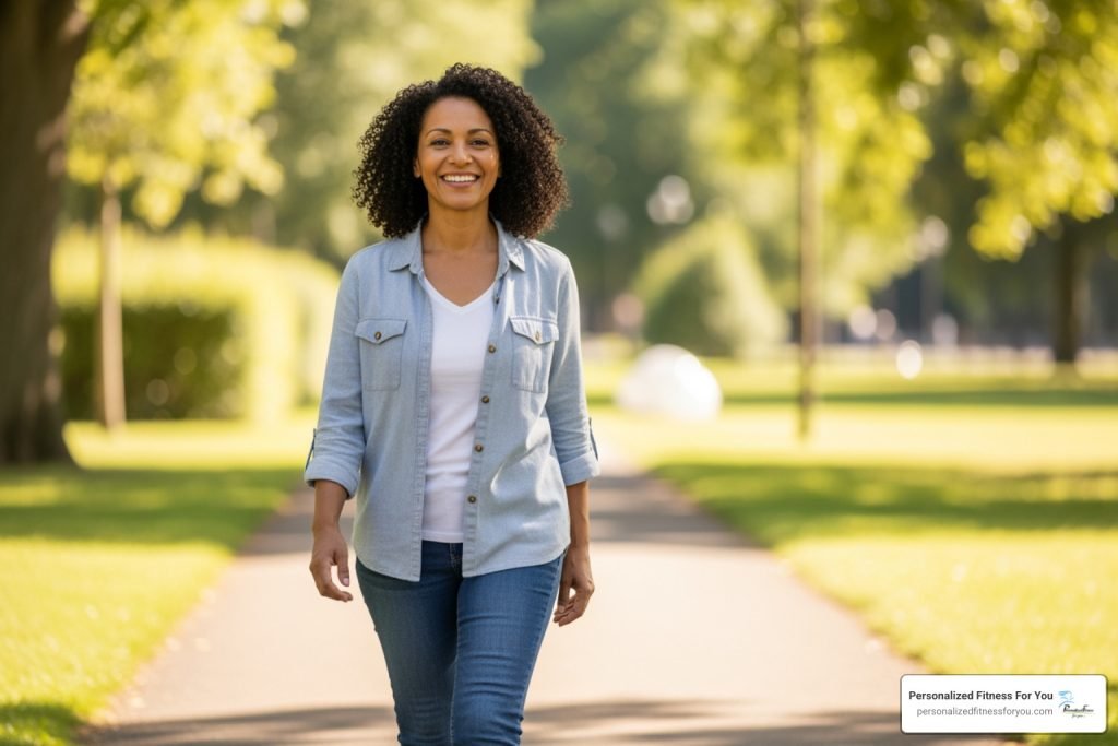 Woman walking on a park path with a smile, promoting personalized fitness