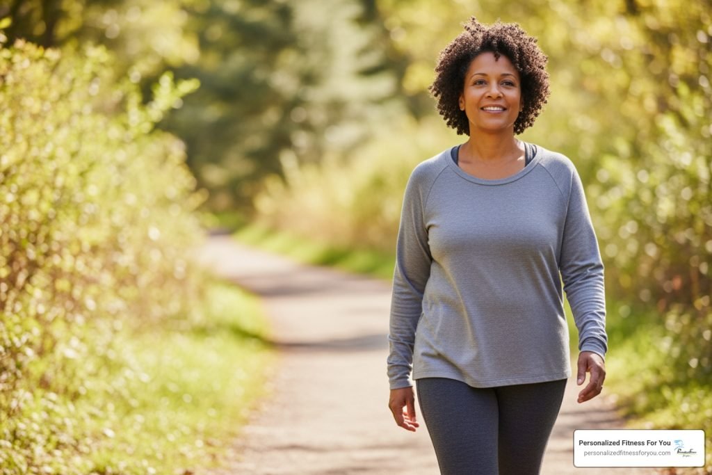 Woman walking on a sunlit path in athletic wear, with a Personalized Fitness For You logo in the corner