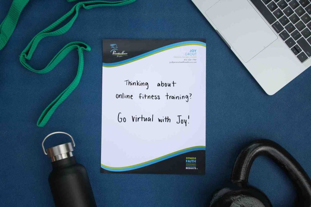 Flyer promoting online fitness training with the message, “Thinking about online fitness training? Go virtual with Joy!”