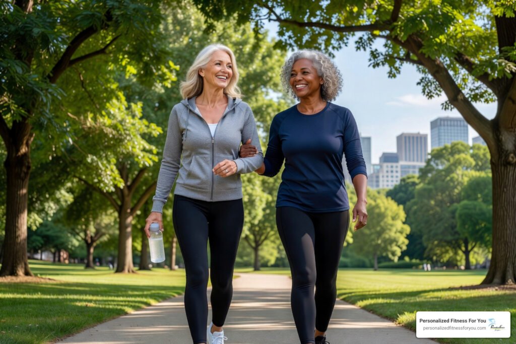 Two older women walking arm in arm in a park, smiling and exercising together