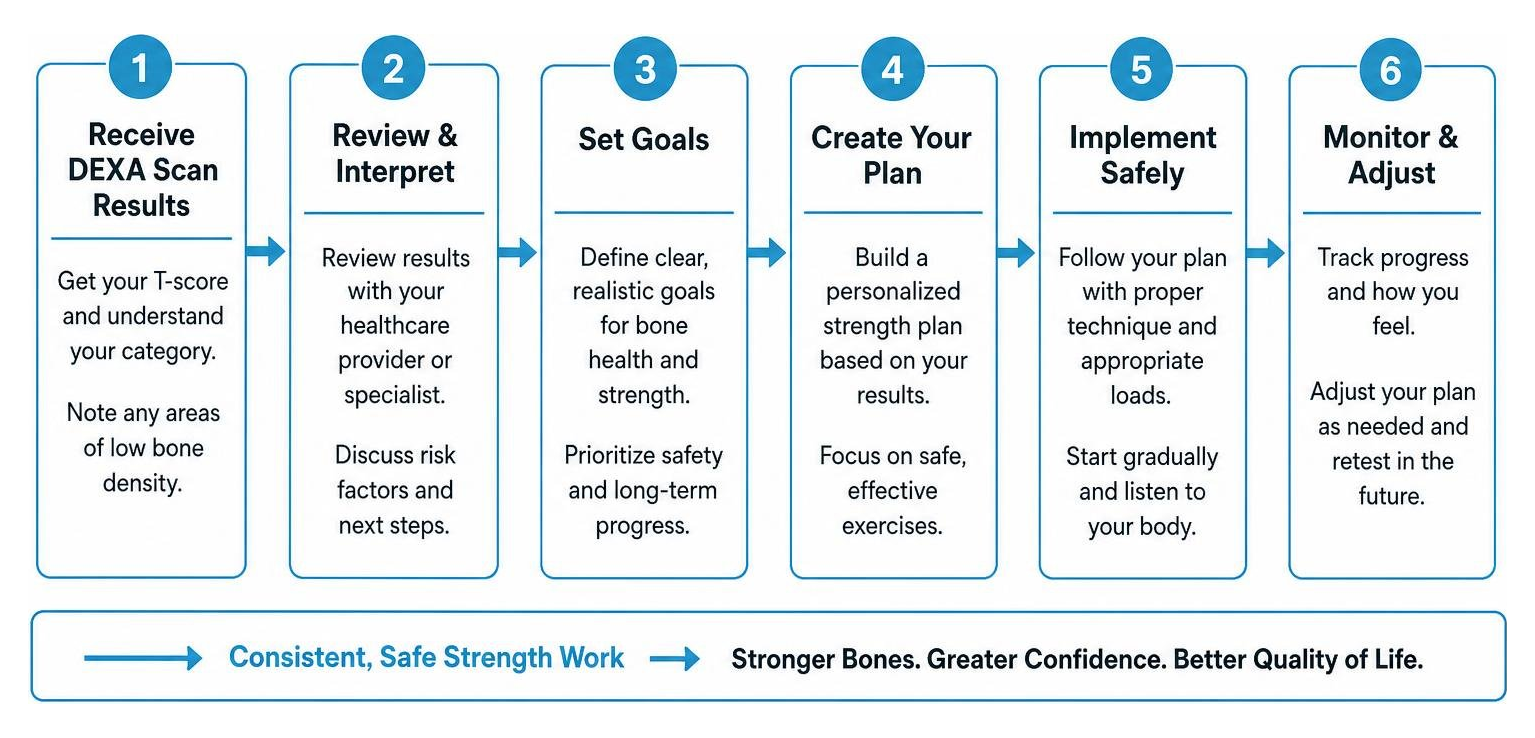 A step-by-step diagram showing the path from receiving DEXA scan results to implementing a safe strength routine A step-by-step diagram showing the path from receiving DEXA scan results to implementing a safe strength routine