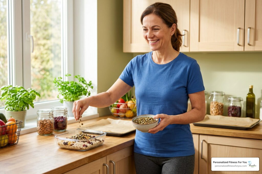 Active woman preparing healthy pepita snacks in a bright kitchen