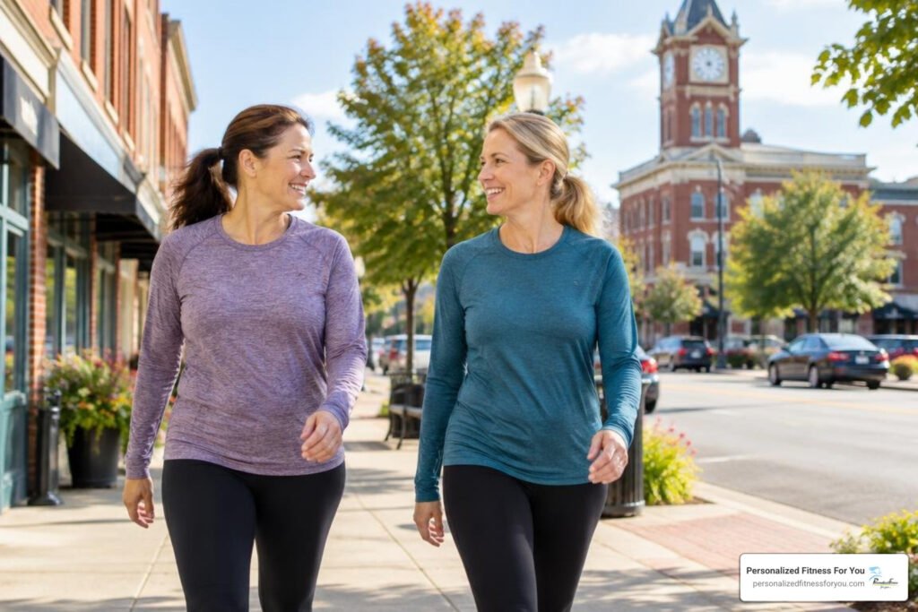 Active women walking through historic downtown Warsaw Indiana